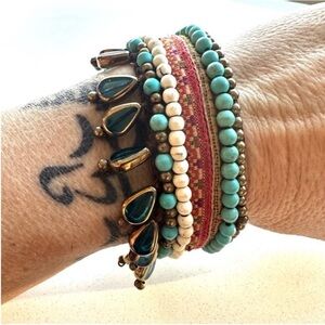Handmade boho hippy bracelet Thai fabric blue glass beads turquoise wood